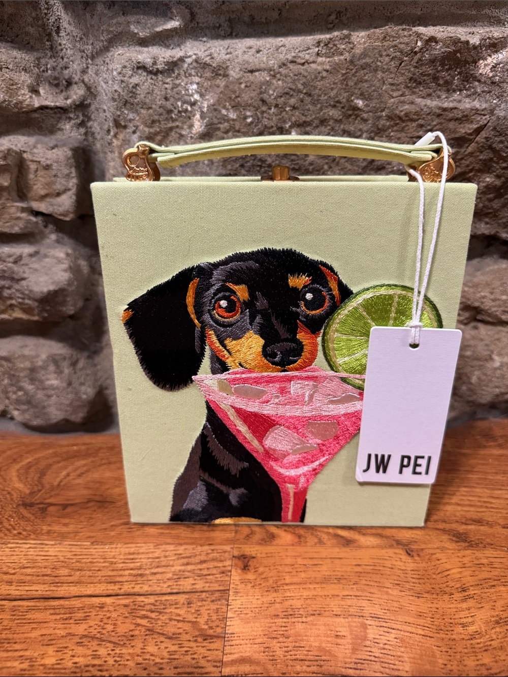 JW PEI Lime Green Dachshund Cocktail Embroidered Pet Tote